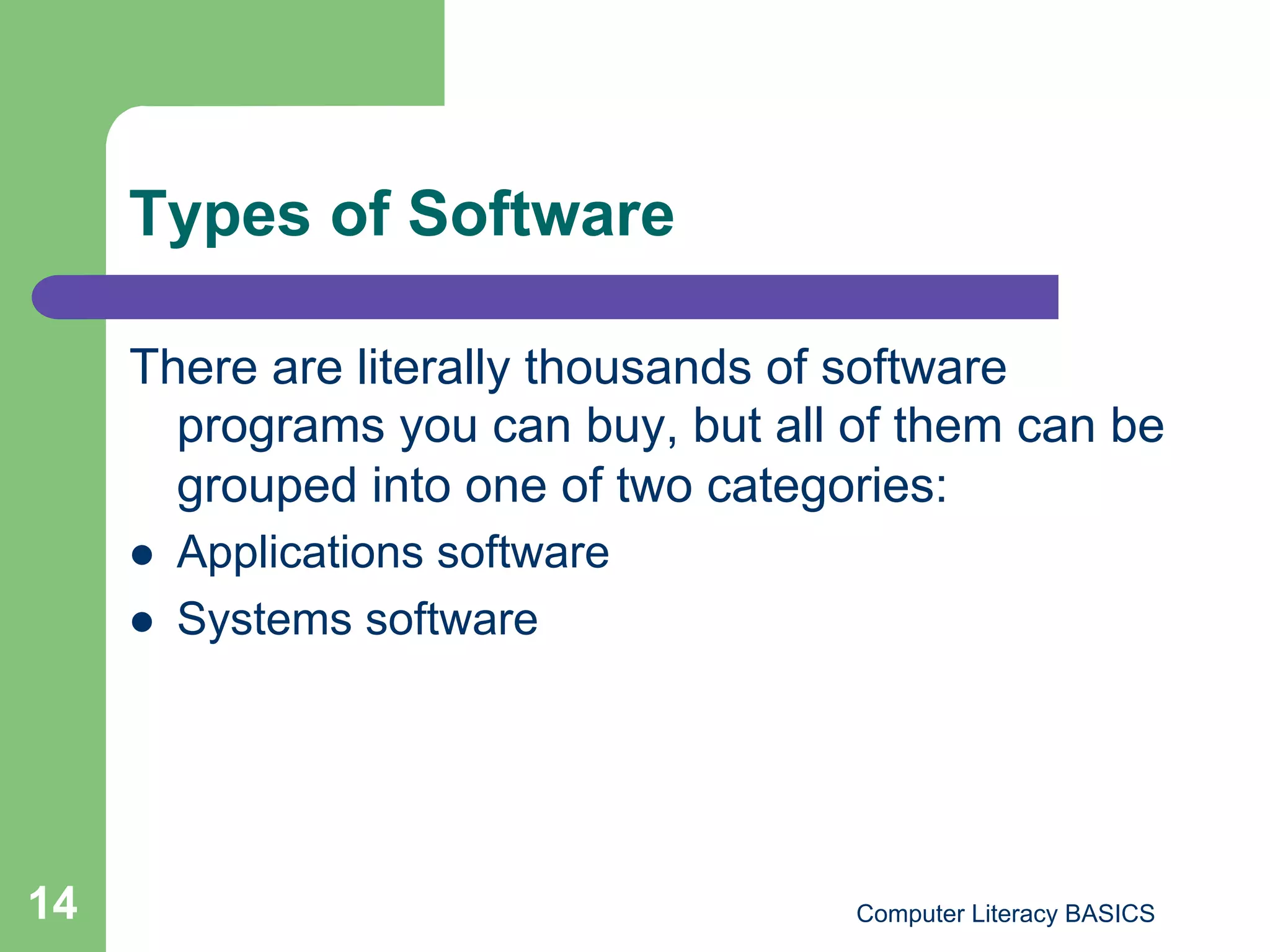 Types of Software

     There are literally thousands of software
       programs you can buy, but all of them can be
       grouped into one of two categories:
         Applications software
         Systems software




14                                   Computer Literacy BASICS
 