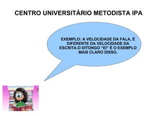 CENTRO UNIVERSITÁRIO METODISTA IPA EXEMPLO: A VELOCIDADE DA FALA, É DIFERENTE DA VELOCIDADE DA ESCRITA.O DITONGO “EI” É O EXEMPLO MAIS CLARO DISSO. 