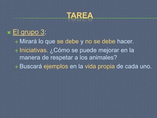 TAREA

   El grupo 3:
     Mirará   lo que se debe y no se debe hacer.
     Iniciativas. ¿Cómo se puede mejorar en la
      manera de respetar a los animales?
     Buscará ejemplos en la vida propia de cada uno.
 