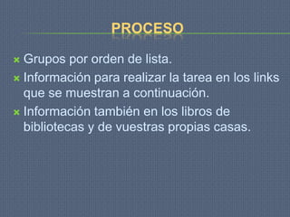 PROCESO

 Grupos por orden de lista.
 Información para realizar la tarea en los links
  que se muestran a continuación.
 Información también en los libros de
  bibliotecas y de vuestras propias casas.
 