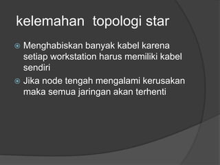 kelemahan topologi star
 Menghabiskan banyak kabel karena
  setiap workstation harus memiliki kabel
  sendiri
 Jika node tengah mengalami kerusakan
  maka semua jaringan akan terhenti
 