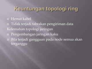  Hemat kabel
 Tidak terjadi tabrakan pengiriman data

Kelemahan topologi jaringan
 Pengembangan jaringan kaku

 Bila terjadi gangguan pada node semua akan
  terganggu
 