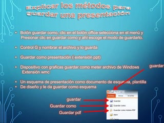 • Botón guardar como, clic en el botón office selecciona en el menú y
Presionar clic en guardar como y ahí escoge el modo de guardarlo.
• Control G y nombrar el archivo y lo guarda
• Guardar como presentación ( extensión ppt)
• Dispositivo con graficas guardar como meter archivo de Windows
Extensión wmc
• Un esquema de presentación como documento de esquema, plantilla
• De diseño y le da guardar como esquema
guardar
Guardar como
Guardar pdf
guardar
 