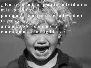 ¿En que otra parte olvidaría mis penas porque tengo que atender tantos  arañazos, cocos y corazones afligidos? 