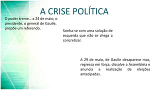 A CRISE POLÍTICA
O poder treme… a 24 de maio, o
presidente, o general de Gaulle,
propõe um referendo.
Sonha-se com uma solução de
esquerda que não se chega a
concretizar.
A 29 de maio, de Gaulle desaparece mas,
regressa em força, dissolve a Assembleia e
anuncia a realização de eleições
antecipadas.
 
