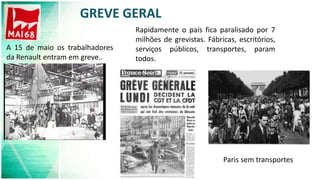 GREVE GERAL
A 15 de maio os trabalhadores
da Renault entram em greve..
Rapidamente o país fica paralisado por 7
milhões de grevistas. Fábricas, escritórios,
serviços públicos, transportes, param
todos.
Paris sem transportes
 