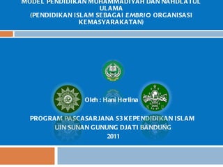 MODEL PENDIDIKAN MUHAMMADIYAH DAN NAHDLATUL ULAMA (PENDIDIKAN ISLAM SEBAGAI  EMBRIO   ORGANISASI KEMASYARAKATAN) Oleh : Hani Herlina PROGRAM PASCASARJANA S3 KEPENDIDIKAN ISLAM  UIN SUNAN GUNUNG DJATI BANDUNG 2011 