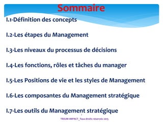 Sommaire
I.1-Définition des concepts
I.2-Les étapes du Management
I.3-Les niveaux du processus de décisions
I.4-Les fonctions, rôles et tâches du manager
I.5-Les Positions de vie et les styles de Management
I.6-Les composantes du Management stratégique
I.7-Les outils du Management stratégique2
TRIUM-IMPACT_Tous droits réservés 2015
 