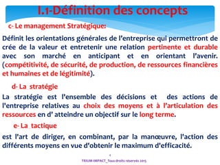 I.1-Définition des concepts
4
TRIUM-IMPACT_Tous droits réservés 2015
c- Le management Stratégique:
Définit les orientations générales de l’entreprise qui permettront de
crée de la valeur et entretenir une relation pertinente et durable
avec son marché en anticipant et en orientant l’avenir.
(compétitivité, de sécurité, de production, de ressources financières
et humaines et de légitimité).
d- La stratégie
La stratégie est l'ensemble des décisions et des actions de
l'entreprise relatives au choix des moyens et à l’articulation des
ressources en d’ atteindre un objectif sur le long terme.
e- La tactique
est l'art de diriger, en combinant, par la manœuvre, l'action des
différents moyens en vue d'obtenir le maximum d'efficacité.
 