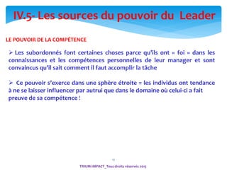 17
LE POUVOIR DE LA COMPÉTENCE
IV.5- Les sources du pouvoir du Leader
 Les subordonnés font certaines choses parce qu’ils ont « foi » dans les
connaissances et les compétences personnelles de leur manager et sont
convaincus qu’il sait comment il faut accomplir la tâche
 Ce pouvoir s’exerce dans une sphère étroite = les individus ont tendance
à ne se laisser influencer par autrui que dans le domaine où celui-ci a fait
preuve de sa compétence !
TRIUM-IMPACT_Tous droits réservés 2015
 
