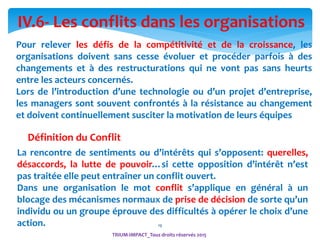 19
IV.6- Les conflits dans les organisations
TRIUM-IMPACT_Tous droits réservés 2015
La rencontre de sentiments ou d’intérêts qui s’opposent: querelles,
désaccords, la lutte de pouvoir…si cette opposition d’intérêt n’est
pas traitée elle peut entraîner un conflit ouvert.
Dans une organisation le mot conflit s’applique en général à un
blocage des mécanismes normaux de prise de décision de sorte qu’un
individu ou un groupe éprouve des difficultés à opérer le choix d’une
action.
Définition du Conflit
Pour relever les défis de la compétitivité et de la croissance, les
organisations doivent sans cesse évoluer et procéder parfois à des
changements et à des restructurations qui ne vont pas sans heurts
entre les acteurs concernés.
Lors de l’introduction d’une technologie ou d’un projet d’entreprise,
les managers sont souvent confrontés à la résistance au changement
et doivent continuellement susciter la motivation de leurs équipes
 