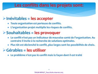 21
Les conflits dans les projets sont:
Inévitables = les accepter
 Toute organisation est porteuse de conflits.
 L’organisation projet multiplie les risques de conflits.
Souhaitables = les provoquer
 Le conflit n’est pas un indicateur de mauvaise santé de l’organisation. Au
contraire il invite à la recherche de solutions optimales.
 Plus tôt est déclenché le conflit, plus larges sont les possibilités de choix.
Gérables = les utiliser
 Le problème n’est pas le conflit mais la façon dont il est traité
TRIUM-IMPACT_Tous droits réservés 2015
 