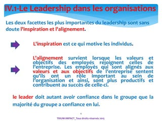 66
IV.1-Le Leadership dans les organisations
Les deux facettes les plus importantes du leadership sont sans
doute l'inspiration et l'alignement.
L'inspiration est ce qui motive les individus.
L'alignement survient lorsque les valeurs et
objectifs des employés rejoignent celles de
l'entreprise. Les employés qui sont alignés aux
valeurs et aux objectifs de l'entreprise sentent
qu'ils ont un rôle important au sein de
l'organisation et ainsi, sont plus productifs et
contribuent au succès de celle-ci.
TRIUM-IMPACT_Tous droits réservés 2015
le leader doit autant avoir confiance dans le groupe que la
majorité du groupe a confiance en lui.
 