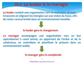 88
Le manager accompagne une organisation vers un but
opérationnel à court terme, en apportant de l’ordre et de la
cohérence, en contrôlant et planifiant le présent dans un
environnement stable.
Le leader conduit une organisation vers la réalisation de buts
innovants en alignant les énergies sur une vision du futur, afin
de rester concurrentiel dans un environnement instable.
le manager gère la complexité
le leader gère le changement.
IV.2- Le leader & le manager
TRIUM-IMPACT_Tous droits réservés 2015
 