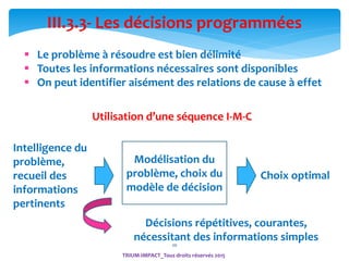 20
III.3.3- Les décisions programmées
 Le problème à résoudre est bien délimité
 Toutes les informations nécessaires sont disponibles
 On peut identifier aisément des relations de cause à effet
Utilisation d’une séquence I-M-C
Intelligence du
problème,
recueil des
informations
pertinents
Choix optimal
Modélisation du
problème, choix du
modèle de décision
Décisions répétitives, courantes,
nécessitant des informations simples
TRIUM-IMPACT_Tous droits réservés 2015
 
