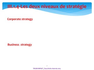 7
III.1.4-Les deux niveaux de stratégie
Corporate strategy
Business strategy
TRIUM-IMPACT_Tous droits réservés 2015
 