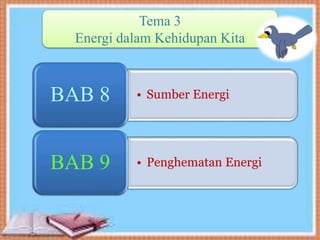 Tema 3
Energi dalam Kehidupan Kita
• Sumber EnergiBAB 8
• Penghematan EnergiBAB 9
 