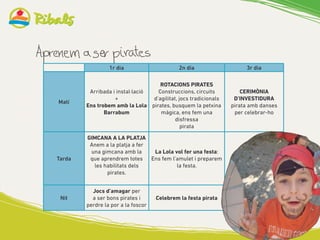 1r dia 2n dia 3r dia
Matí
Arribada i instal·lació
+
Ens trobem amb la Lola
Barrabum
ROTACIONS PIRATES
Construccions, circuits
d’agilitat, jocs tradicionals
pirates, busquem la petxina
màgica, ens fem una
disfressa
pirata
CERIMÒNIA
D’INVESTIDURA
pirata amb danses
per celebrar-ho
Tarda
GIMCANA A LA PLATJA
Anem a la platja a fer
una gimcana amb la
que aprendrem totes
les habilitats dels
pirates.
La Lola vol fer una festa:
Ens fem l’amulet i preparem
la festa.
Nit
Jocs d’amagar per
a ser bons pirates i
perdre la por a la foscor
Celebrem la festa pirata
 