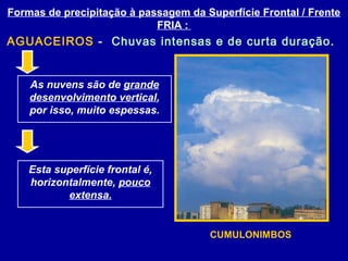 Formas de precipitação à passagem da Superfície Frontal / Frente
FRIA :
AGUACEIROS - Chuvas intensas e de curta duração.
As nuvens são de grande
desenvolvimento vertical,
por isso, muito espessas.
Esta superfície frontal é,
horizontalmente, pouco
extensa.
CUMULONIMBOS
 