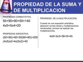 PROPIEDAD DE LA SUMA Y 
DE MULTIPLICACION 
PROPIEDAD CONMUTATIVA. 
50+90=90+50=140 
4x5=5x4=20 
PROPIEDAD ASOCIATIVA. 
(50+90)+60=50(90+60)=200 
(4x5)x2=4x(5x2)=40 
PRIORIDAD DE LA MULTIPLICACION. 
Cuando en una expresión aritmética 
aparecen sumas restas y multiplicaciones 
combinadas, primero se realizan las 
multiplicaciones. 
4x9+3x3=36+9=45 
 