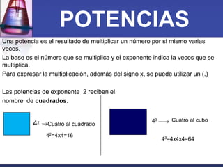 POTENCIAS 
Una potencia es el resultado de multiplicar un número por si mismo varias 
veces. 
La base es el número que se multiplica y el exponente indica la veces que se 
multiplica. 
Para expresar la multiplicación, además del signo x, se puede utilizar un (.) 
Las potencias de exponente 2 reciben el 
nombre de cuadrados. 
42 
Cuatro al cubo Cuatro al cuadrado 
42=4x4=16 
43 
43=4x4x4=64 
 