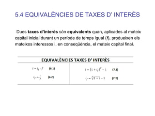 5.4 EQUIVALÈNCIES DE TAXES D’ INTERÈS
Dues taxes d’interès són equivalents quan, aplicades al mateix
capital inicial durant un període de temps igual (f), produeixen els
mateixos interessos i, en conseqüència, el mateix capital final.
 