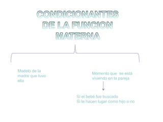Modelo de la
madre que tuvo
ella

Momento que se está
viviendo en la pareja

Si el bebé fue buscado
Si le hacen lugar como hijo o no

 