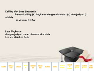 Keliling dan Luas Lingkaran
Rumus keliling (K) lingkaran dengan diamete r (d) atau jari-jari (r)
adalah:
k=πd atau K= 2πr
Luas lingkaran
dengan jari-jari r atau diameter d adalah :
L = πrr atau L = 2πdd
NAMA
LINGKA
RAN
BUSUR
&
JURING
SUDUT
PUSAT
SUDUTRUMUS
APOTE
MA
DIAMET
ER
UNSUR
BUSU
R
CONTO
H SOAL
CONTO
H SOAL
REFE
RENSI
 