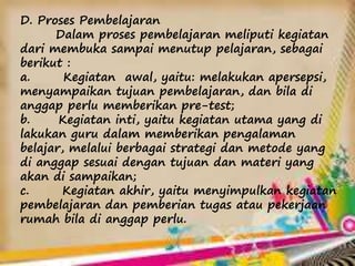 D. Proses Pembelajaran
Dalam proses pembelajaran meliputi kegiatan
dari membuka sampai menutup pelajaran, sebagai
berikut :
a. Kegiatan awal, yaitu: melakukan apersepsi,
menyampaikan tujuan pembelajaran, dan bila di
anggap perlu memberikan pre-test;
b. Kegiatan inti, yaitu kegiatan utama yang di
lakukan guru dalam memberikan pengalaman
belajar, melalui berbagai strategi dan metode yang
di anggap sesuai dengan tujuan dan materi yang
akan di sampaikan;
c. Kegiatan akhir, yaitu menyimpulkan kegiatan
pembelajaran dan pemberian tugas atau pekerjaan
rumah bila di anggap perlu.
 