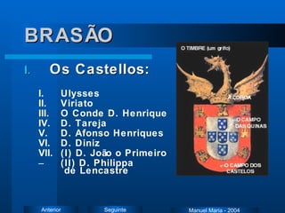 BRASÃO Os Castellos: Ulysses Viriato O Conde D. Henrique D.  Tareja D. Afonso Henriques D. Diniz (I) D. João o Primeiro (II) D.  Philippa  de Lencastre   Manuel Maria - 2004 