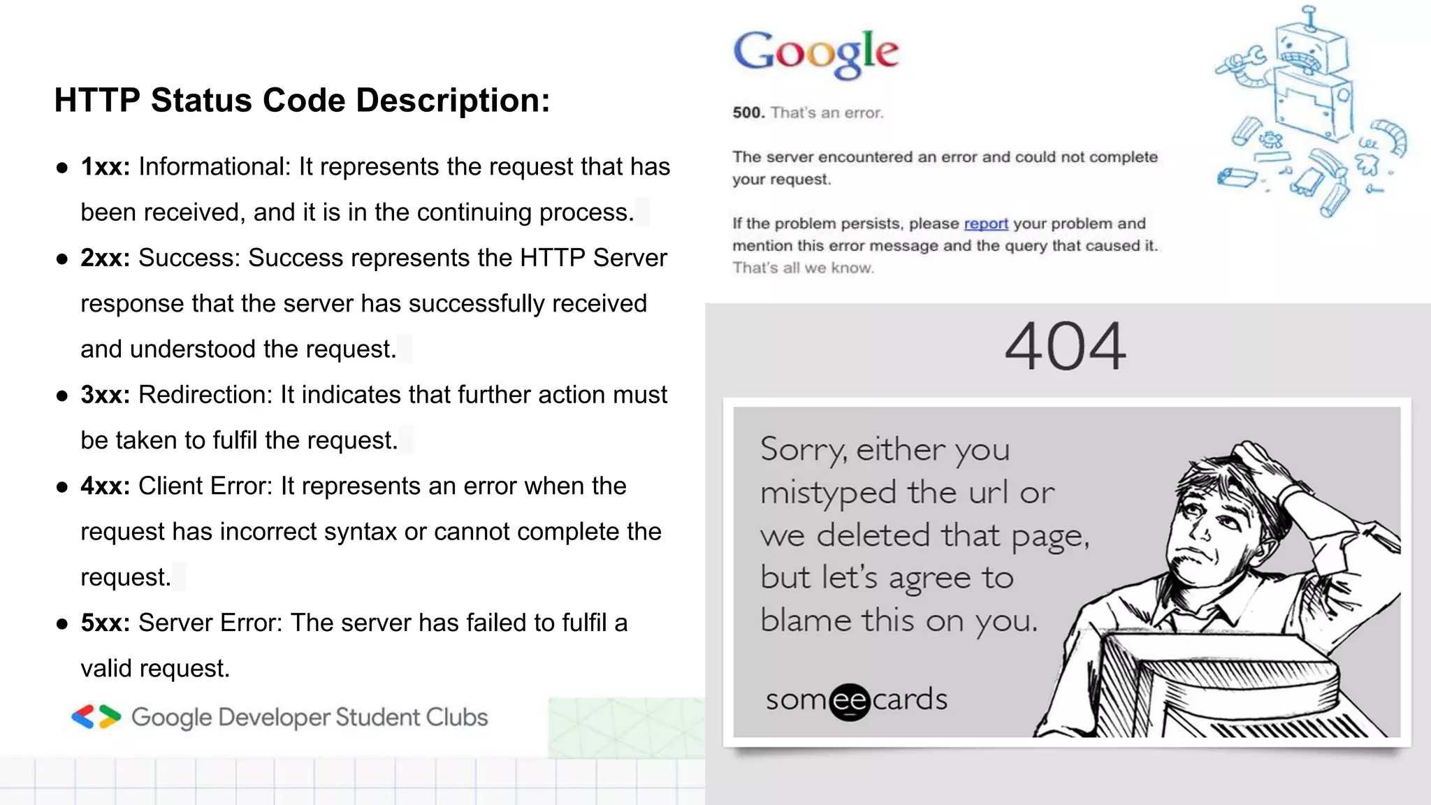 HTTP Status Code Description:
● 1xx: Informational: It represents the request that has
been received, and it is in the continuing process.
● 2xx: Success: Success represents the HTTP Server
response that the server has successfully received
and understood the request.
● 3xx: Redirection: It indicates that further action must
be taken to fulfil the request.
● 4xx: Client Error: It represents an error when the
request has incorrect syntax or cannot complete the
request.
● 5xx: Server Error: The server has failed to fulfil a
valid request.
 