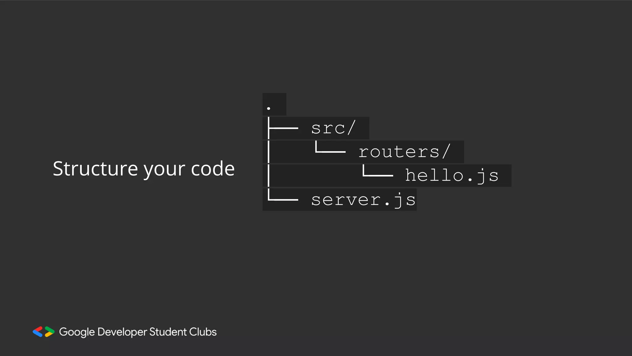.
├── src/
│ └── routers/
│ └── hello.js
└── server.js
Structure your code
 