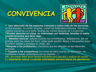 CCOONNVVIIVVEENNCCIIAA 
 UUssoo aaddeeccuuaaddoo ddee llooss eessppaacciiooss ccoommuunneess yy ssoobbrree ttooddoo ddee llooss sseerrvviicciiooss:: 
nnoo ttiirraarr ppaappeelleess,, nnoo ccoorrrreerr,, nnoo ggrriittaarr,, ccuuiiddaarr llooss mmaatteerriiaalleess ccoommuunneess,, ttiirraarr ddee llaa 
ccaaddeennaa ccuuaannddoo ssee vvaa aall bbaaññoo,, llaavvaarrssee llaass mmaannooss ddeessppuuééss ddee iirr aall sseerrvviicciioo…… 
PPrreessttaarr aatteenncciióónn eenn ccllaassee,, nnoo iinntteerrrruummppiirr ppoorr ttoonntteerrííaass,, lleevvaannttaarr llaa mmaannoo 
ccuuaannddoo tteenneemmooss qquuee ddeecciirr aallggoo…… 
 MMooddaalleess bbáássiiccooss:: ssaalluuddaarr ccuuaannddoo nnooss eennccoonnttrraammooss,, ddeessppeeddiirrnnooss,, ddaarr llaass 
ggrraacciiaass,, ppeeddiirr llaass ccoossaass ppoorr ffaavvoorr,, ssaabbeerr ppeeddiirr ppeerrddóónn,, llllaammaarr aa llaass ppuueerrttaass aanntteess 
ddee eennttrraarr,, ssaalliiddaass yy eennttrraaddaass eenn oorrddeenn,, eettcc.. 
RReessppeettoo aa llooss pprrooffeessoorreess yy mmoonniittoorreess qquuee lleess aattiieennddeenn eenn llooss ddiiffeerreenntteess 
sseerrvviicciiooss.. 
 RReessppeettoo aa llooss ccoommppaaññeerrooss ((nnoo rreeíírrssee ddee eellllooss ccuuaannddoo ssee eeqquuiivvooccaann,, nnoo 
hhuummiillllaarrllooss oo hhaacceerr ccoommeennttaarriiooss ppoorr ssuu aassppeeccttoo……)) 
EELL aalluummnnaaddoo ddeebbee tteenneerr ttiieemmppoo ssuuffiicciieennttee ppaarraa eessttuuddiiaarr yy rreeaalliizzaarr llaass ttaarreeaass.. 
EEss iimmppoorrttaannttee vvaalloorraarr aa ccuuáánnttaass aaccttiivviiddaaddeess eexxttrraaeessccoollaarreess lleess aappuunnttaammooss.. 
 