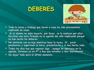 DDEEBBEERREESS 
 TTooddoo llaa ttaarreeaa oo ttrraabbaajjoo qquuee lllleevveenn aa ccaassaa hhaa ssiiddoo pprreevviiaammeennttee 
eexxpplliiccaaddoo eenn ccllaassee.. 
 SSii eell aalluummnnoo nnoo ssaabbee hhaacceerrlloo,, ppoorr ffaavvoorr,, nnoo lloo rreeaalliicceenn ppoorr eellllooss.. 
EEssccrriibbaann uunnaa nnoottaa ffiirrmmaaddaa eenn llaa aaggeennddaa ddeell nniiññoo eexxpplliiccaannddoo ppoorrqquuéé 
nnoo hhaann hheecchhoo llooss ddeebbeerreess.. 
 NNoo sseennttaarrssee ccoonn ssuu hhiijjoo mmiieennttrraass hhaaccee llaa ttaarreeaa.. SSíí ,, eessttaarr 
ppeennddiieenntteess yy ssuuppeerrvviissaarr llaa lleettrraa,, pprreesseennttaacciióónn yy ssii hhaann hheecchhoo ttooddoo.. 
 TTooddooss llooss ddííaass hhaayy qquuee rreeppaassaarr aallggoo ,, aauunnqquuee nnoo aappaarreezzccaa eenn llaa 
aaggeennddaa.. EEssttaammooss yyaa eenn 44º yy hhaayy qquuee eessttuuddiiaarr yy lleeeerr ddiiaarriiaammeennttee.. 
 NNoo ddeejjaarr ttooddoo ppaarraa eell úúllttiimmoo mmoommeennttoo.. 
 