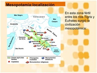 Mesopotamia:localización   En esta zona fértil entre los ríos Tigris y Éufrates surgió la civilización mesopotámica:  
