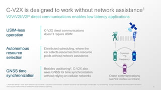 12
C-V2X is designed to work without network assistance1
V2V/V2I/V2P direct communications enables low latency applications
1; 3GPP also defines a mode, where eNodeB helps coordinate C-V2X Direct Communication; 2 GNSS is required for V2X technologies, including 802.11p, for positioning. Timing is calculated as part of the position calculations
and it requires smaller number of satellites than those needed for positioning
USIM-less
operation
Autonomous
resource
selection
GNSS time
synchronization
C-V2X direct communications
doesn’t require USIM
Distributed scheduling, where the
car selects resources from resource
pools without network assistance
Besides positioning2, C-V2X also
uses GNSS for time synchronization
without relying on cellular networks Direct communications
(via PC5 interface on 5.9GHz)
Common
ITS
frequency
 