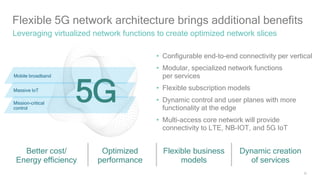 25
Flexible 5G network architecture brings additional benefits
Leveraging virtualized network functions to create optimized network slices
• Configurable end-to-end connectivity per vertical
• Modular, specialized network functions
per services
• Flexible subscription models
• Dynamic control and user planes with more
functionality at the edge
• Multi-access core network will provide
connectivity to LTE, NB-IOT, and 5G IoT
Better cost/
Energy efficiency
Optimized
performance
Flexible business
models
Dynamic creation
of services
Mobile broadband
Massive IoT
Mission-critical
control
 