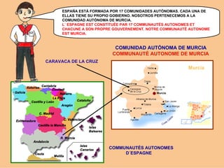 ESPAÑA ESTÁ FORMADA POR 17 COMUNIDADES AUTÓNOMAS. CADA UNA DE
ELLAS TIENE SU PROPIO GOBIERNO. NOSOTROS PERTENECEMOS A LA
COMUNIDAD AUTÓNOMA DE MURCIA.
L´ ESPAGNE EST CONSTITUÉE PAR 17 COMMUNAUTÉS AUTONOMES ET
CHACUNE A SON PROPRE GOUVERNEMENT. NOTRE COMMUNAUTÉ AUTONOME
EST MURCIA.

COMUNIDAD AUTÓNOMA DE MURCIA
COMMUNAUTÉ AUTONOME DE MURCIA
CARAVACA DE LA CRUZ

COMMUNAUTÉS AUTONOMES
D´ESPAGNE

 