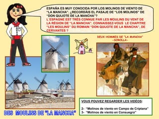 ESPAÑA ES MUY CONOCIDA POR LOS MOLINOS DE VIENTO DE
“LA MANCHA”. ¿RECORDÁIS EL PASAJE DE “LOS MOLINOS” DE
“DON QUIJOTE DE LA MANCHA”?
L´ESPAGNE EST TRÈS CONNUE PAR LES MOULINS DU VENT DE
LA RÉGION DE “LA MANCHA”. CONNAISSEZ-VOUS LE CHAPITRE
“LES MOULINS” DU ROMAIN “DON QUIJOTE DE LA MANCHA”, DE
CERVANTES ?
DEUX HOMMES DE “LA MANCHA”
-SOROLLA-

VOUS POUVEZ REGARDER LES VIDÉOS:
2- “Molinos de viento en Campo de Criptana”
3- “Molinos de viento en Consuegra”

 