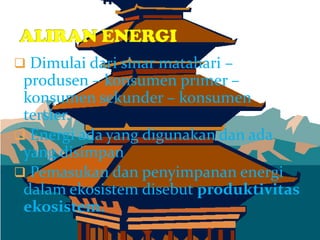  Dimulai dari sinar matahari –
produsen – konsumen primer –
konsumen sekunder – konsumen
tersier.
 Energi ada yang digunakan dan ada
yang disimpan
 Pemasukan dan penyimpanan energi
dalam ekosistem disebut produktivitas
ekosistem.
 