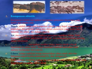 2. Komponen abiotik
Komponen abiotik merupakan komponen penyusun ekosistem yang
terdiri dari benda mati.
a. Tanah, adalah salah satu komponen abiotik yang dapat mempengaruhi
tumbuhan dan makhluk hidup lain dalam ekosistem yang terdiri dari
mineral, air, udara, dan bahan organik.
b. Air, merupakan komponen terbesar penyusun makhluk hidup. Pada
manusia +2/3 berat tubuh terdiri dari air. Air memegang peranan penting
dalam ekosistem .
c. Sinar matahari, merupakan sumber energi utama untuk seluruh
organisme di muka bumi. Tanpa matahari tumbuh-tumbuhan tidak
mampu melakukan fotosintesis.
d. Udara, semua makhluk hidup memerlukan udara untuk aktivitas
hidupnya.seperti karbondioksida(CO2) dan oksigen (O2)
e. Suhu, semua makhluk hidup membutuhkan suhu tertentu baik suhu
lingkungan maupun suhu tubuh
 