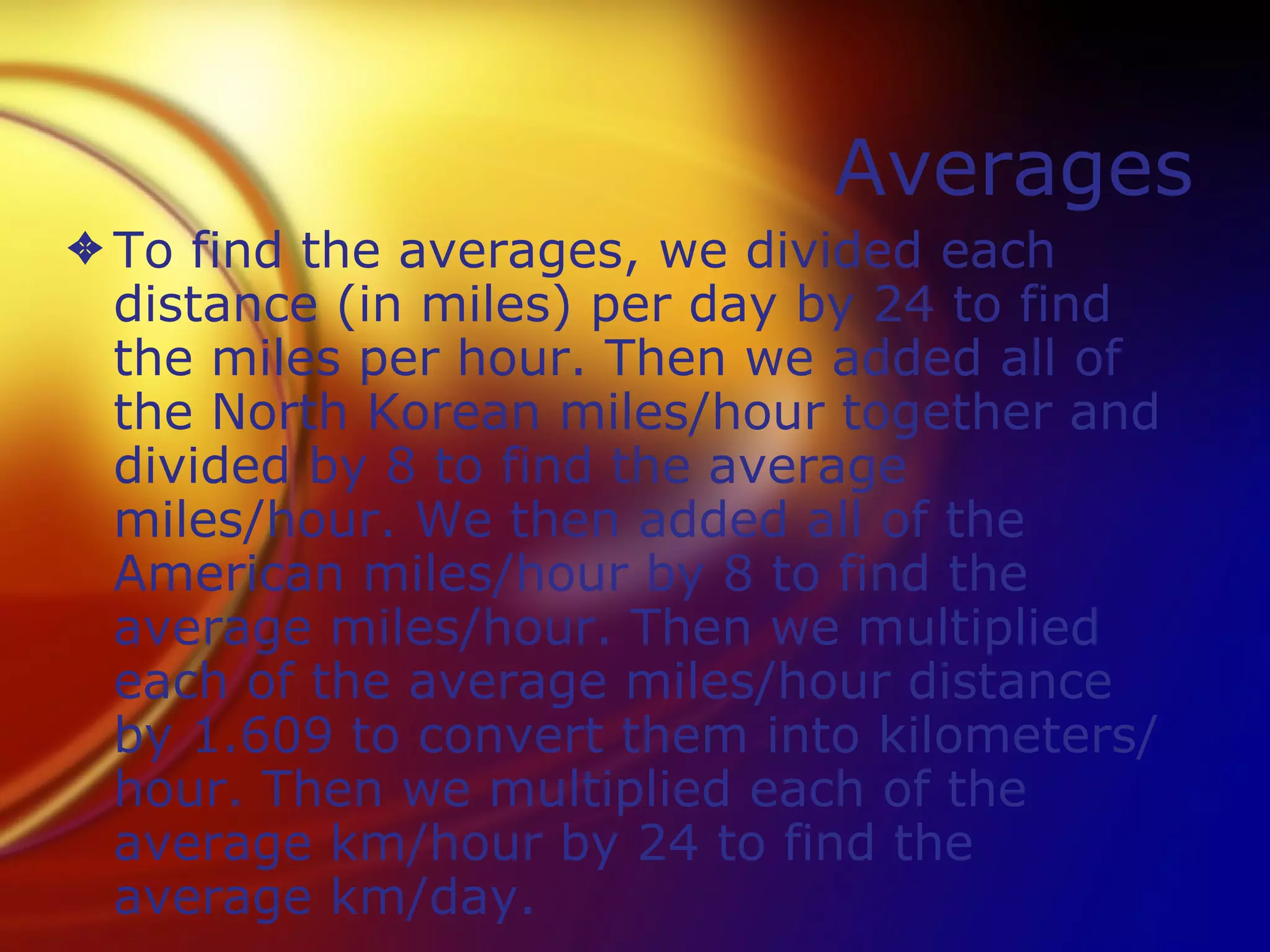 Averages To find the averages, we divided each distance (in miles) per day by 24 to find the miles per hour. Then we added all of the North Korean miles/hour together and divided by 8 to find the average miles/hour. We then added all of the American miles/hour by 8 to find the average miles/hour. Then we multiplied each of the average miles/hour distance by 1.609 to convert them into kilometers/hour. Then we multiplied each of the average km/hour by 24 to find the average km/day. 