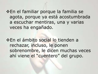 En el familiar porque la familia se
 agota, porque ya está acostumbrada
 a escuchar mentiras, una y varias
 veces ha engañado.

En el ámbito social lo tienden a
 rechazar, incluso, le ponen
 sobrenombre, le dicen muchas veces
 ahí viene el “cuentero” del grupo.
 