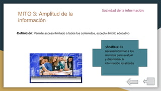 ·Definición: Permite acceso ilimitado a todos los contenidos, excepto ámbito educativo
MITO 3: Amplitud de la
información
·Análisis: Es
necesario formar a los
alumnos para evaluar
y discriminar la
información localizada
 