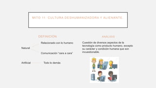 DEFINICIÓN
Relacionado con lo humano
Natural
Comunicación “cara a cara”
Artificial Todo lo demás
Cuestión de diversos aspectos de la
tecnología como producto humano, excepto
su carácter y condición humana que son
incuestionable.
ANÁLISIS
MITO 11: CULTURA DESHUMANIZADORA Y ALIENANTE.
 