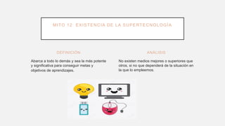 DEFINICIÓN
Abarca a todo lo demás y sea la más potente
y significativa para conseguir metas y
objetivos de aprendizajes.
No existen medios mejores o superiores que
otros, si no que dependerá de la situación en
la que lo empleemos.
ANÁLISIS
MITO 12: EXISTENCIA DE LA SUPERTECNOLOGÍA
 