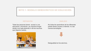 DEFINICIÓN
Todas las personas tienen acceso a una
educación y formación, sin importa el lugar
donde viva cada aprendiz ni de los recursos
que dispone /carece.
No todos los aprendices de los diferentes
países tienen acceso a internet, ni a las
nuevas tecnologías.
Desigualdad en los alumnos.
ANÁLISIS
MITO 1: MODELO DEMOCRÁTICO DE EDUCACIÓN.
 