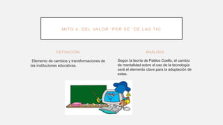 DEFINICIÓN
Elemento de cambios y transformaciones de
las instituciones educativas.
Según la teoría de Pablos Coello, el cambio
de mentalidad sobre el uso de la tecnología
será el elemento clave para la adoptación de
estas.
ANÁLISIS
MITO 4: DEL VALOR “PER SE “DE LAS TIC
 