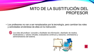 MITO DE LA SUSTITUCIÓN DEL
PROFESOR
• Los profesores no van a ser remplazados por la tecnología, pero cambian los roles
y actividades sirviéndose de ellas en la instrucción.
Los roles del profesor: consultor y facilitador de información, diseñador de medios,
moderadores y tutores virtuales, evaluadores continuos y asesores, orientadores y
administradores del sistema.
 