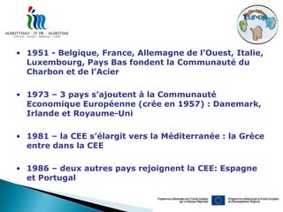 • 1951 - Belgique, France, Allemagne de l’Ouest, Italie,
  Luxembourg, Pays Bas fondent la Communauté du
  Charbon et de l’Acier

• 1973 – 3 pays s’ajoutent à la Communauté
  Economique Européenne (crée en 1957) : Danemark,
  Irlande et Royaume-Uni

• 1981 – la CEE s’élargit vers la Méditerranée : la Grèce
  entre dans la CEE

• 1986 – deux autres pays rejoignent la CEE: Espagne
  et Portugal
 